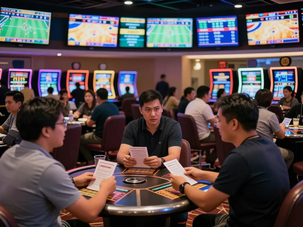 Soi Kèo sports betting enthusiasts engaging with multiple screens showcasing live odds in a vibrant casino atmosphere.