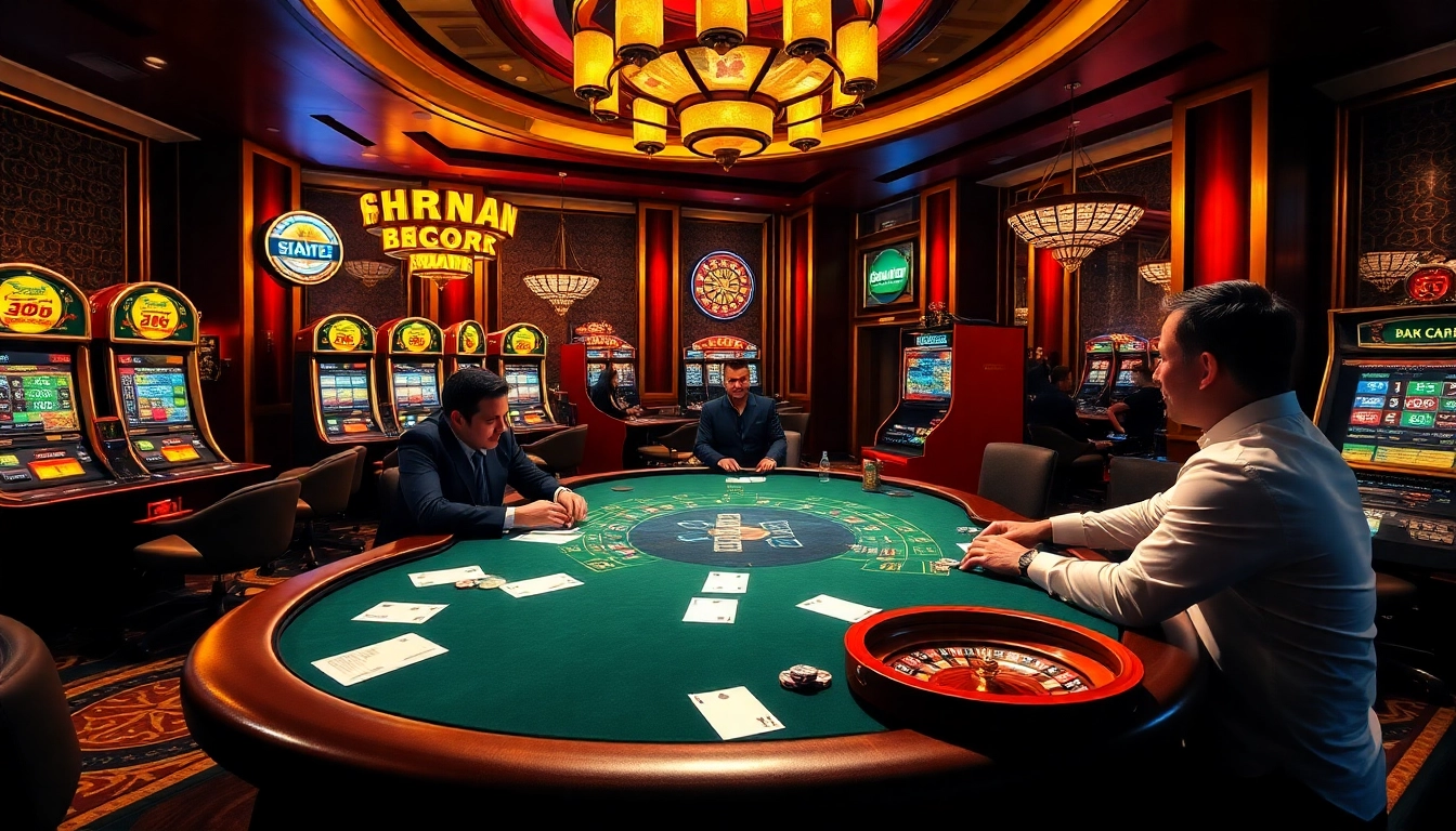 Engaging poker players at a luxurious casino discussing shbet lừa đảo không? while surrounded by roulette wheels and slot machines.