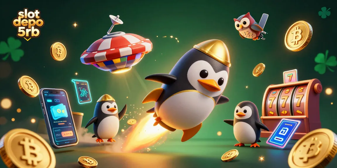 Spin the reels in slot depo 5rb with a vibrant 3D cartoon scene featuring a golden penguin and crypto elements.