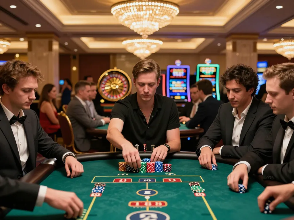 Players engaging strategically in poker at FB88 luxury casino, vibrant chips and tense atmosphere