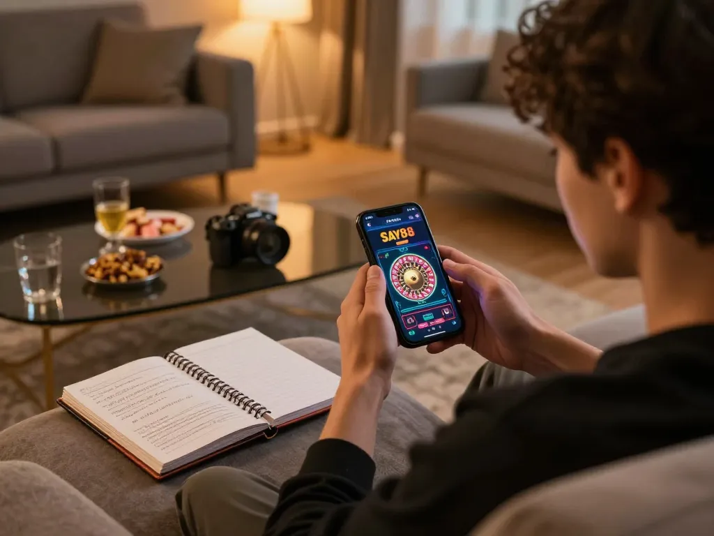 Player engaging with Say88 casino app on smartphone while relaxing at home.
