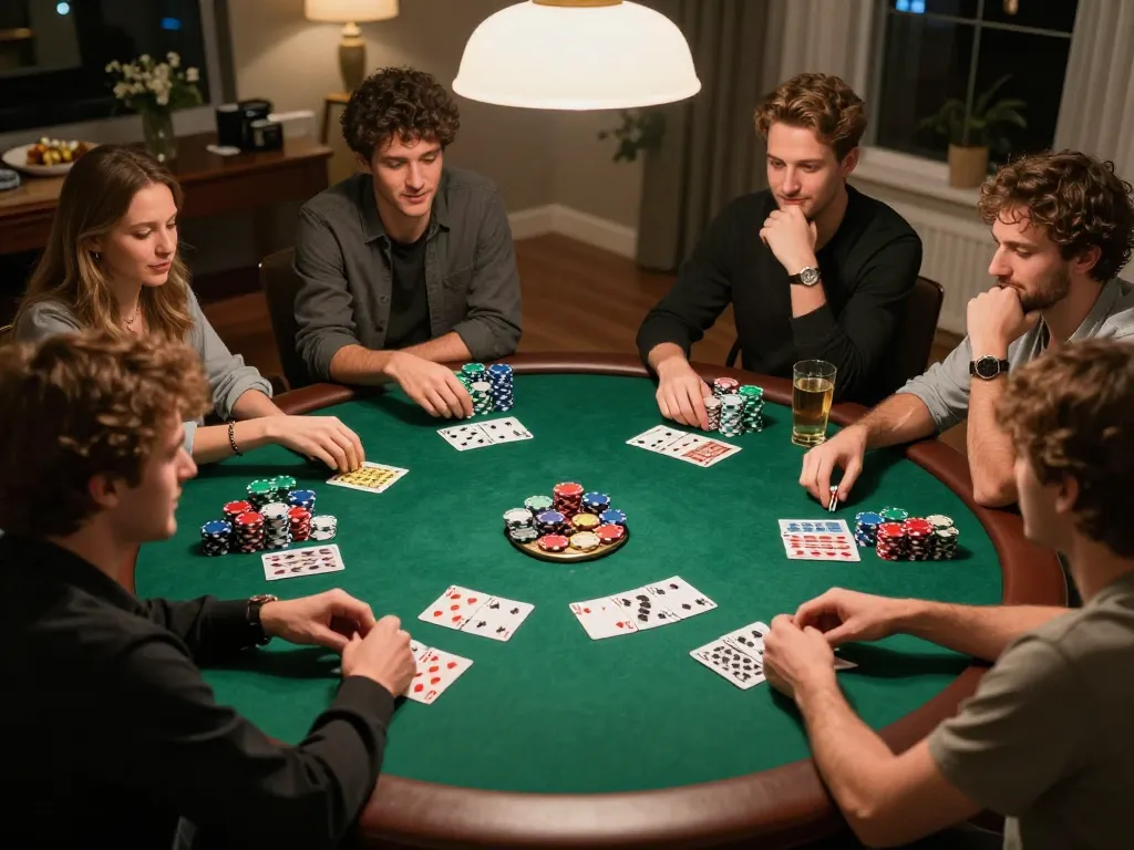 KJC players enjoying a vibrant home poker game, celebrating their strategic bets.