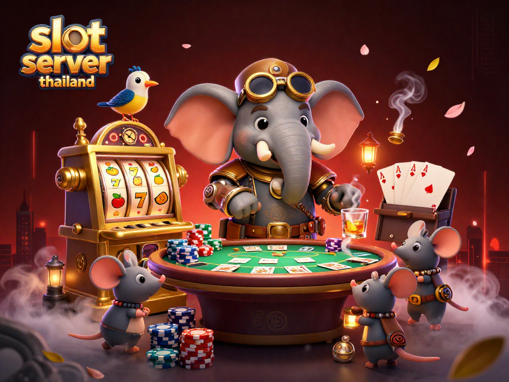 Experience the excitement of slot server thailand with steampunk elephant and vibrant game elements in a dynamic illustration.