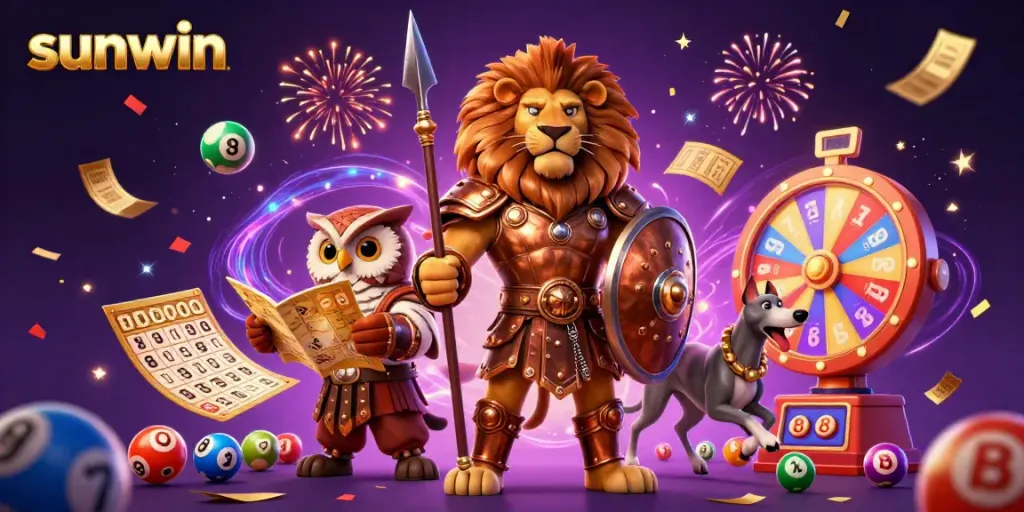 Experience the excitement of sunwin with a dynamic 3D illustration featuring gaming elements and characters.