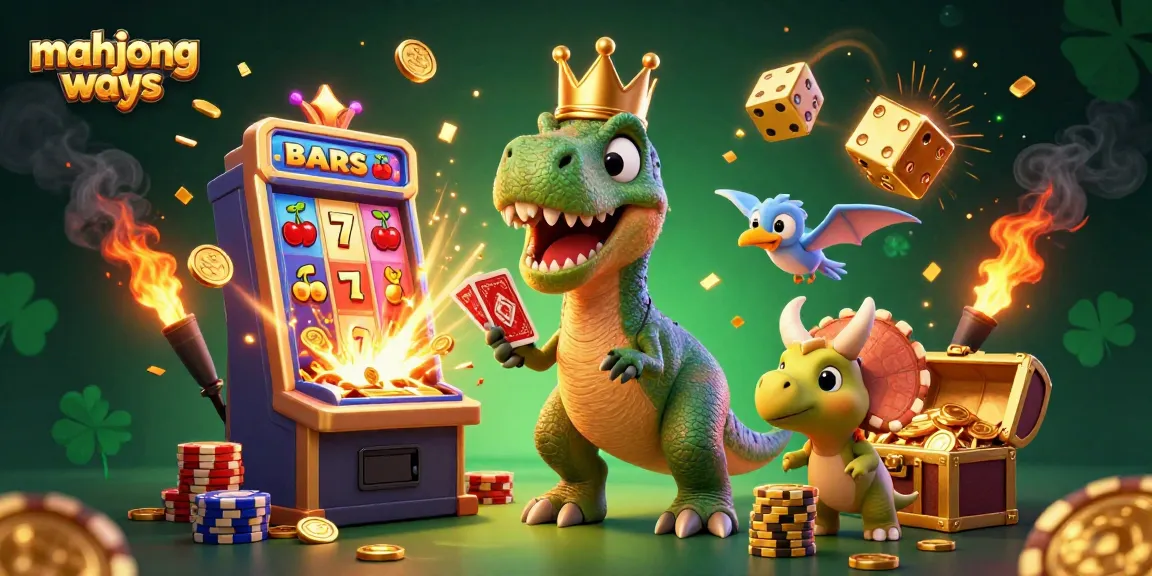 Experience thrilling mahjong ways with a cartoon T-Rex, slot machine chaos, and vibrant casino elements.