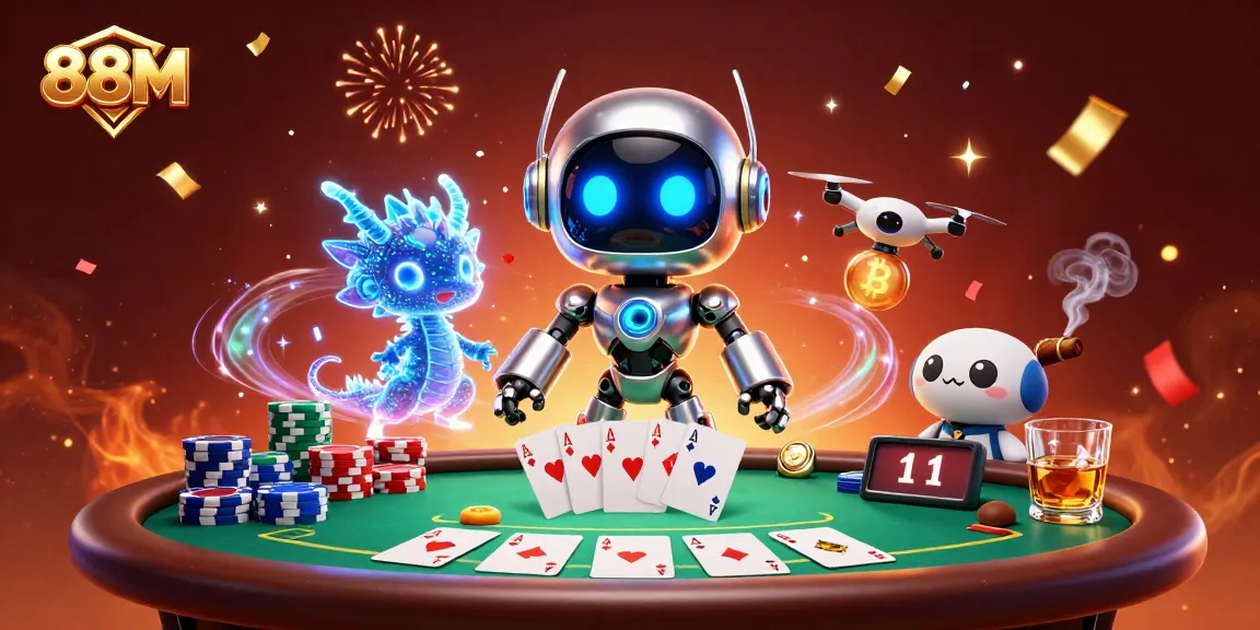 Engage with 88M as a cyberpunk robot mascot masters the poker table in this vibrant 3D scene.