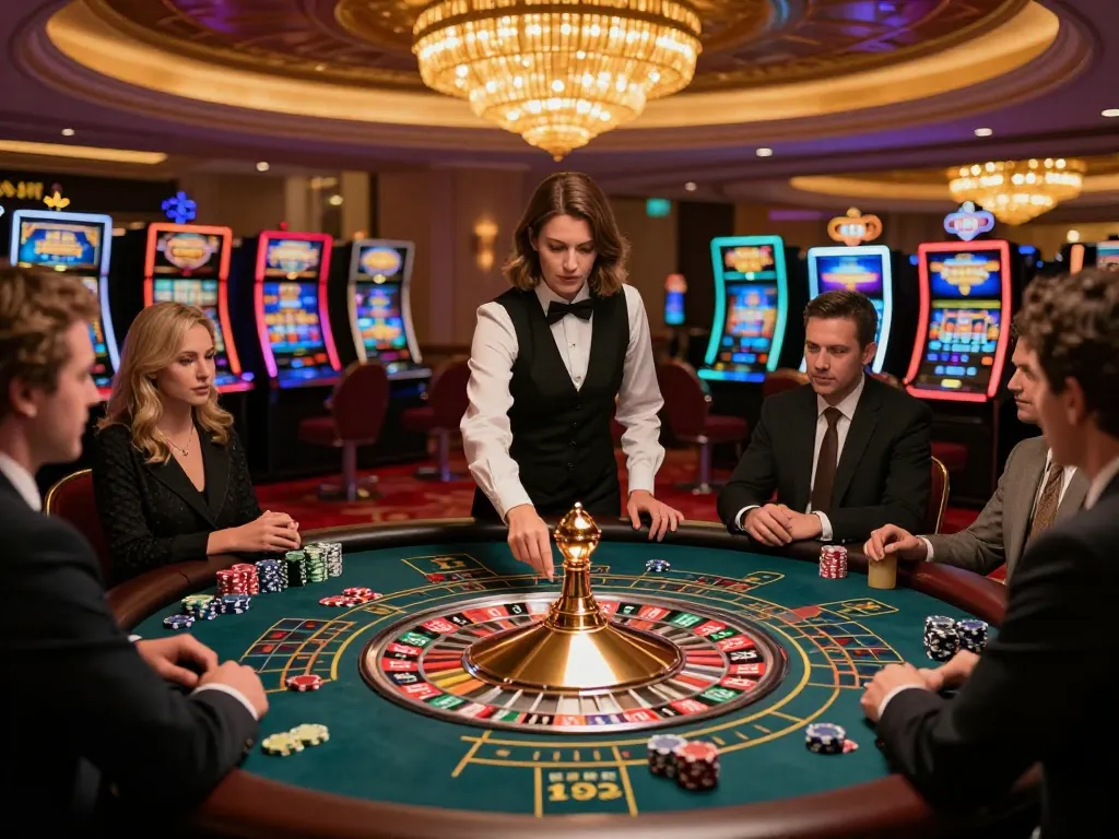 Experience the thrill of roulette at W188, with players engaged and chips stacked on the elegant table.