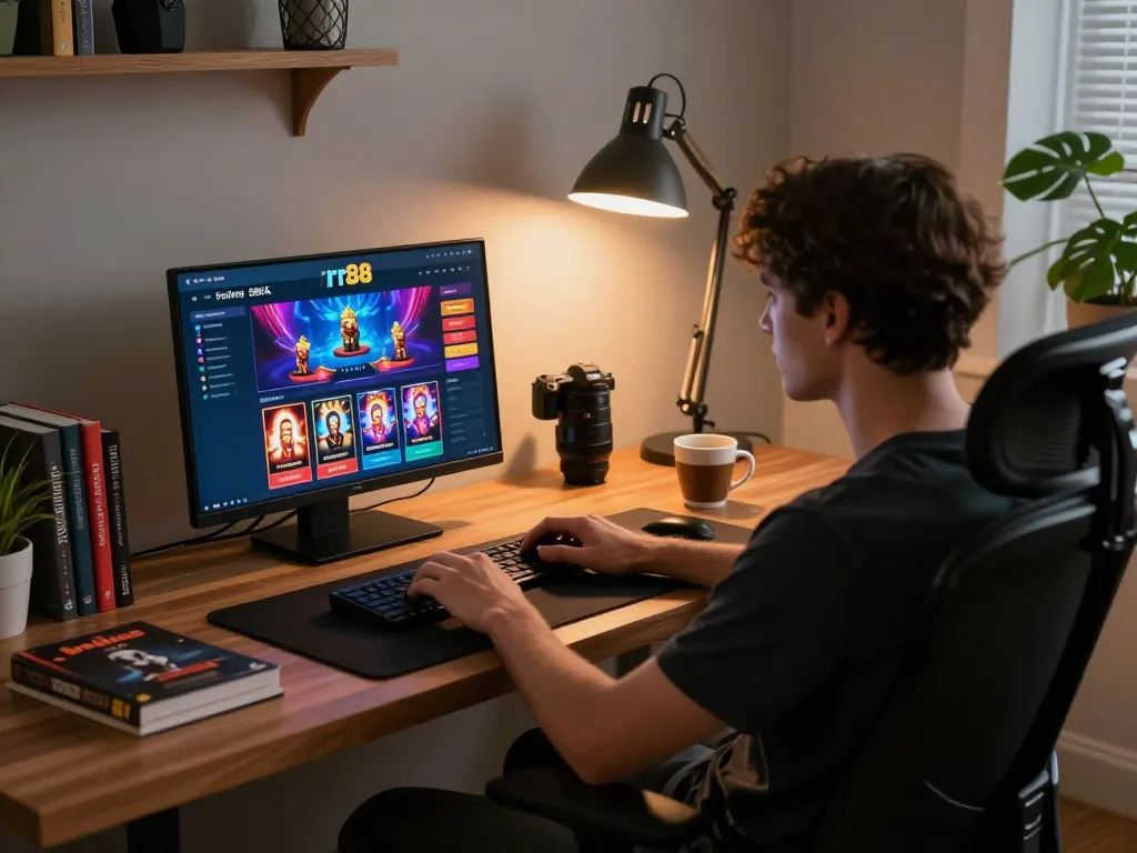 Engaged player using rr88 platform for online casino gaming in a stylish home office.