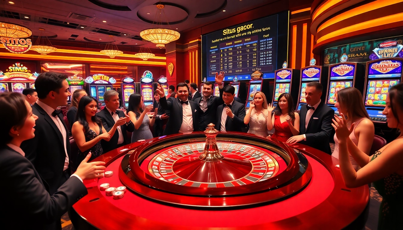 Glamorous casino scene showcasing situs gacor with excited players at a roulette table and vibrant slot machines.