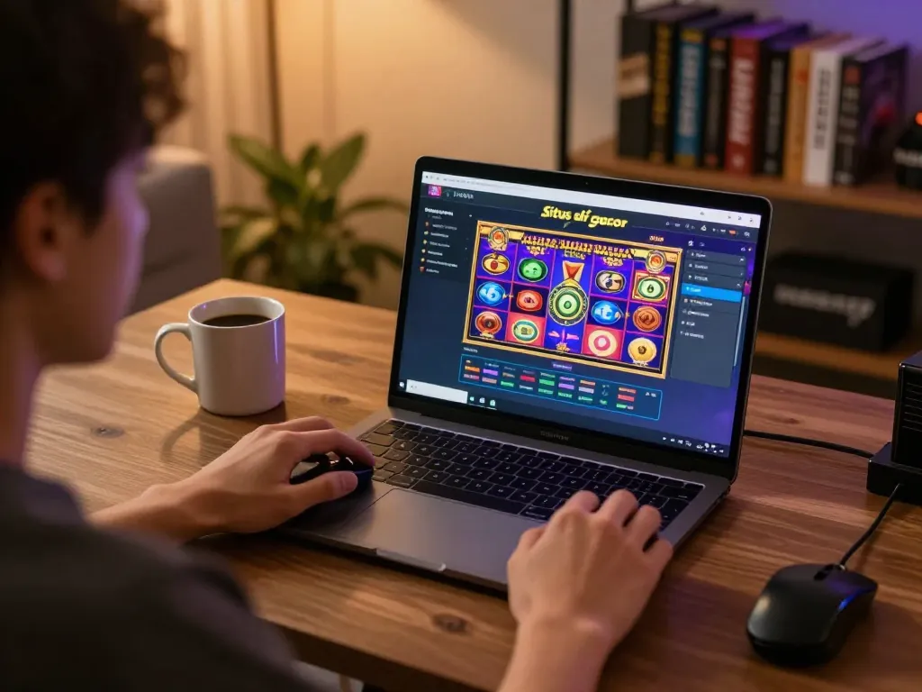 Engaging gameplay at a situs slot gacor online casino on a laptop in a cozy home setting.