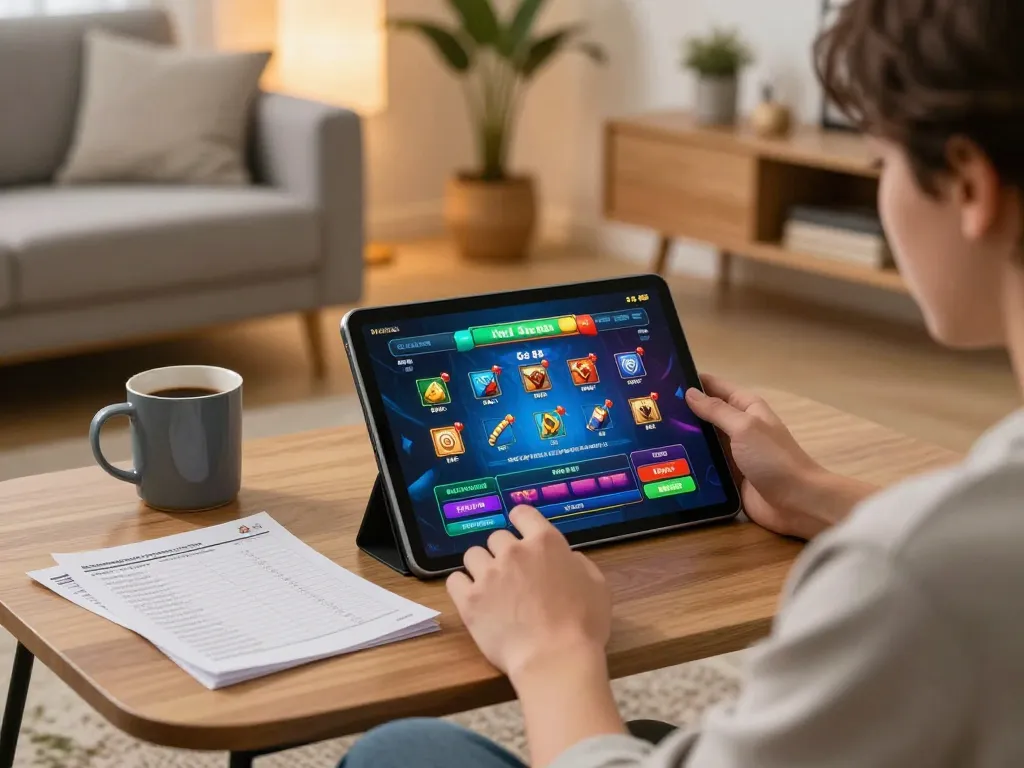 Engaging with Go 88 casino games on a tablet in a cozy home setting
