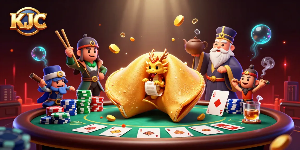 Engage with KJC's vibrant gaming scene featuring a golden fortune cookie and dynamic poker elements.