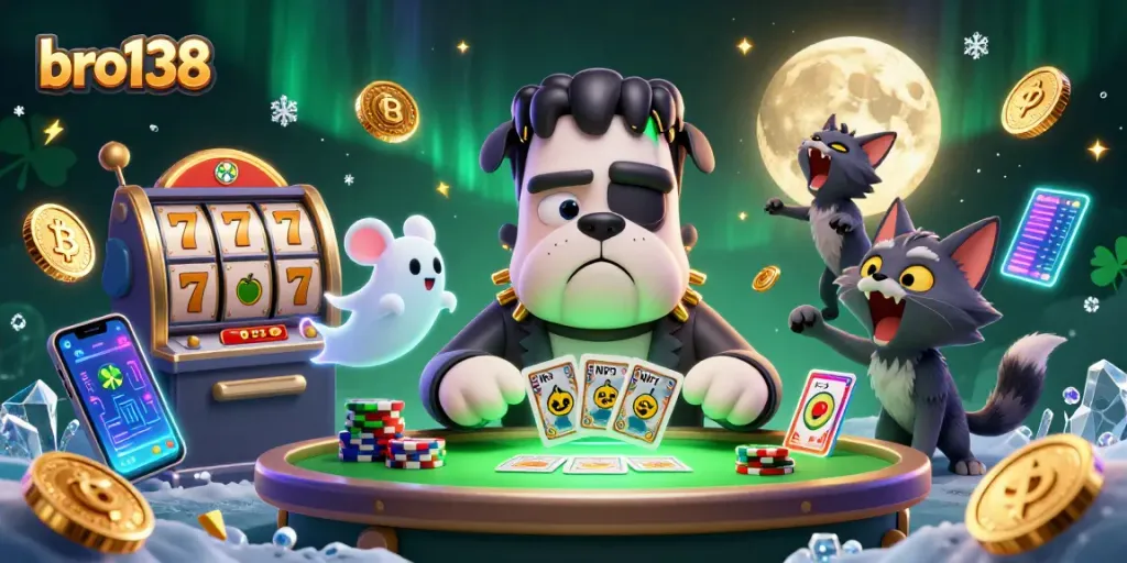 Play thrilling games at bro138, featuring action-packed slots and a mystical illustration.