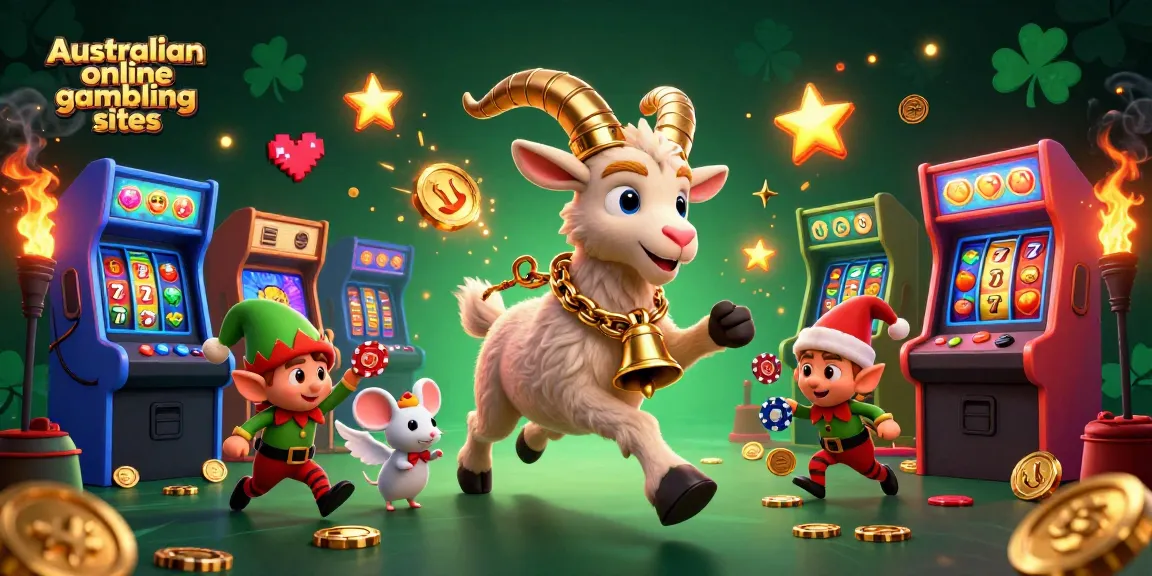 Experience the thrill of Australian online gambling sites with characters in a dynamic, festive casino atmosphere.