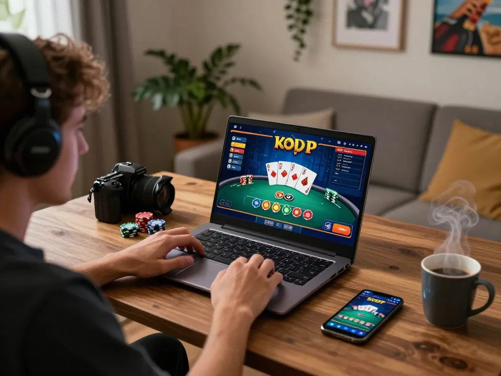 Engaging in online casino gaming at home with 79KING on laptop amidst a cozy atmosphere