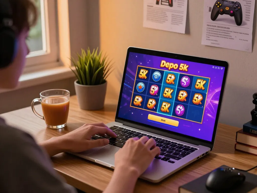 Engaging gameplay at slot depo 5k online casino with a player using laptop, warm cozy atmosphere.