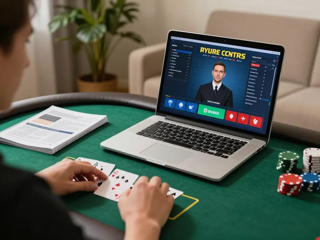Player engaging in online poker at 88i with strategy guide on table for effective gameplay.