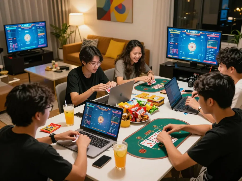 Tài xỉu online sunwin gaming session with friends around a modern table featuring cards and laptops.