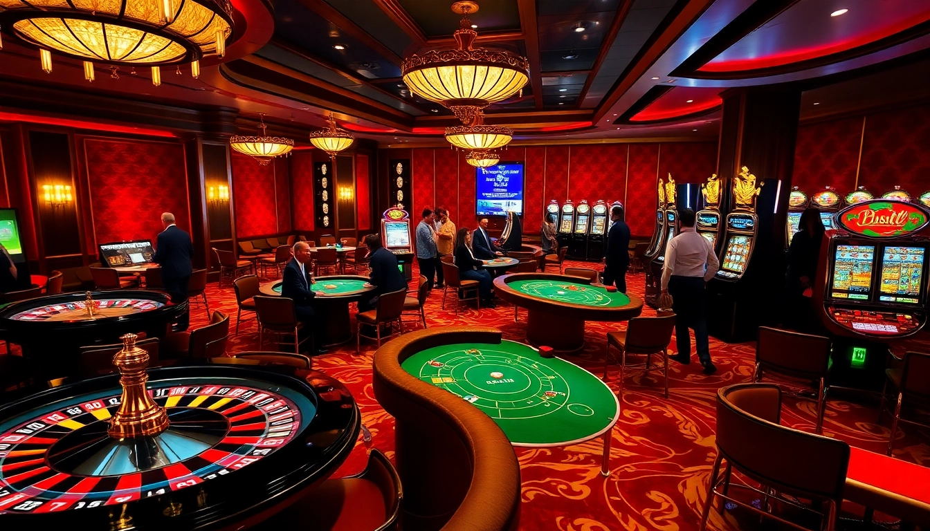 Exciting gaming action at https://www.bdtk66.my/ with roulette and poker tables in a luxurious casino.