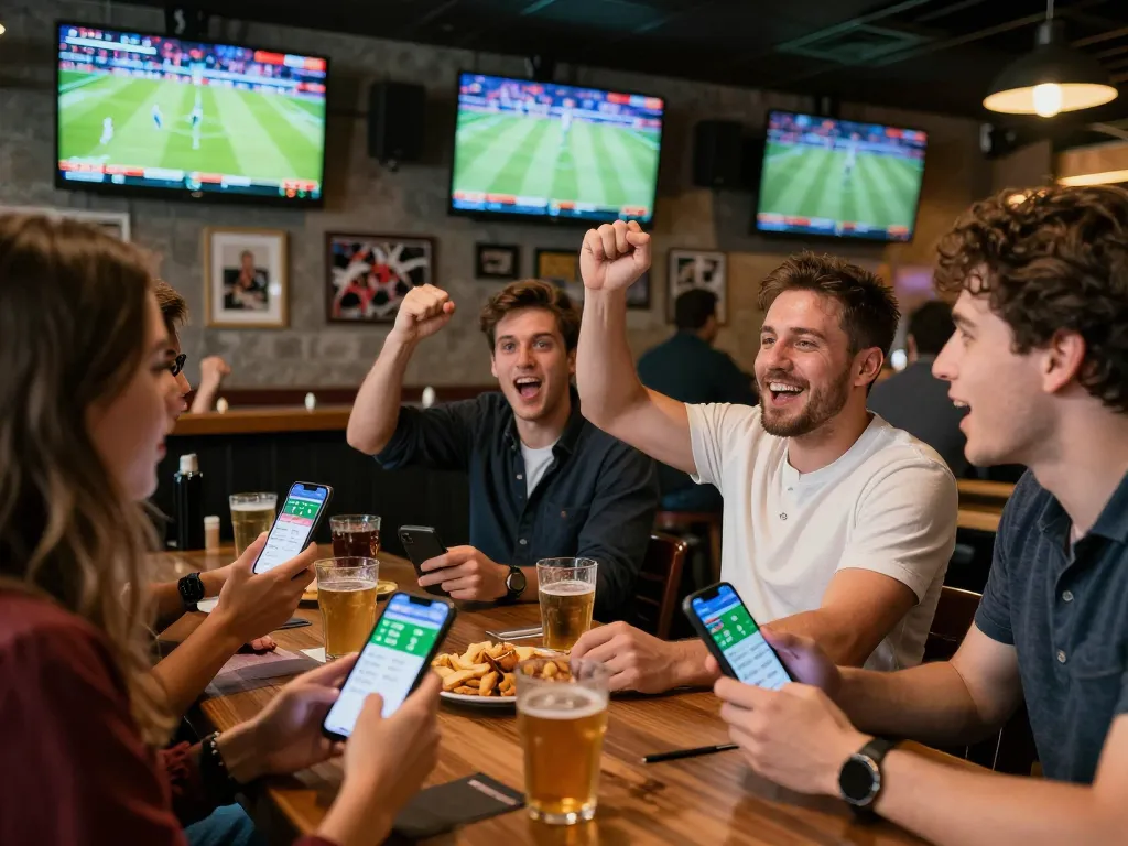 MM88 players placing bets with excitement in a busy sports bar atmosphere.