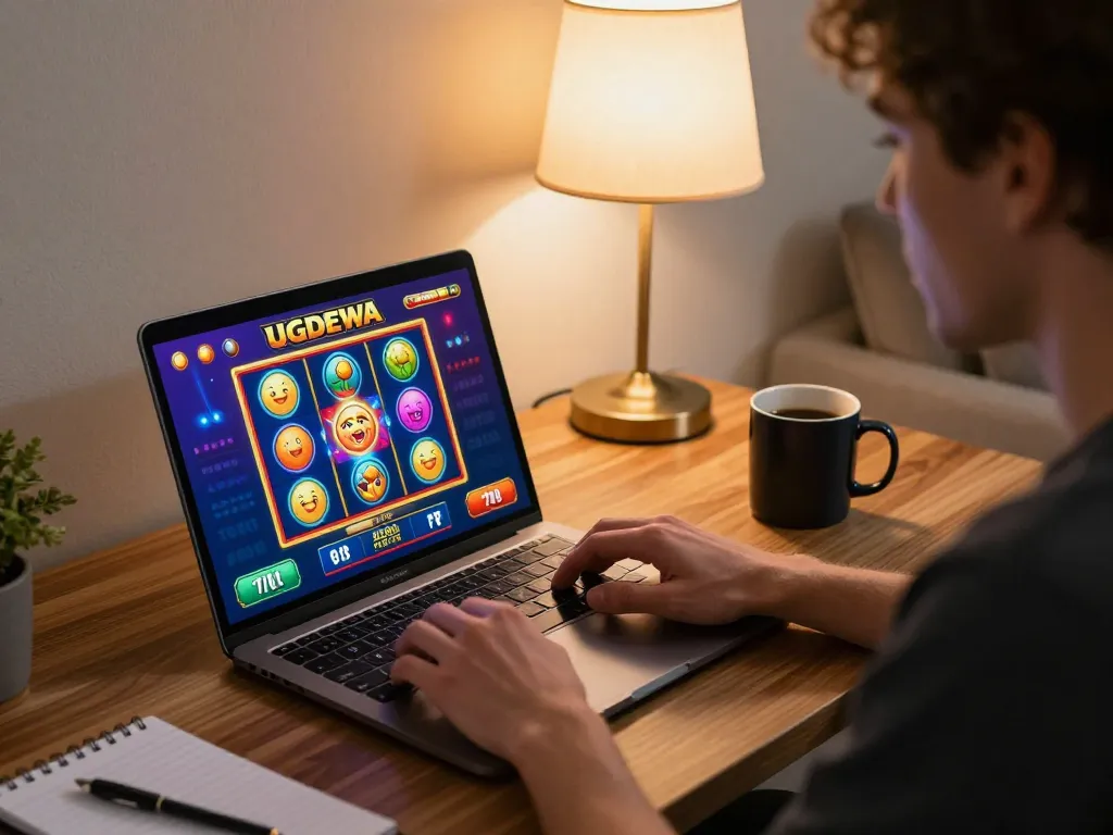 Player immersing in UGDEWA online slots at home, showcasing dynamic gaming interface amidst a cozy setup.