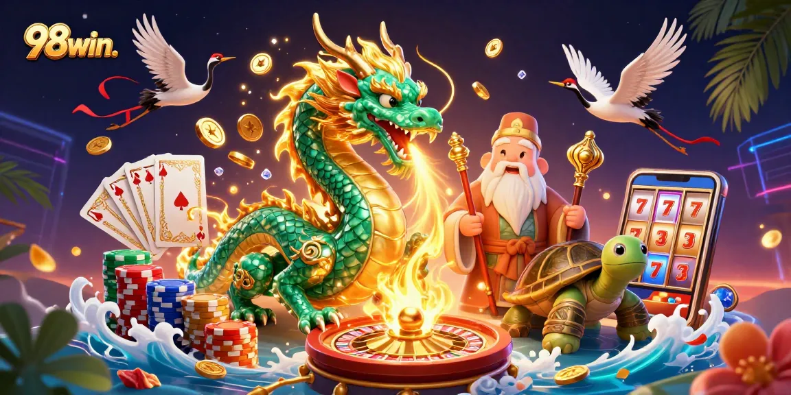 Experience the excitement with 98win. as the dragon breathes fire amidst dynamic casino elements.