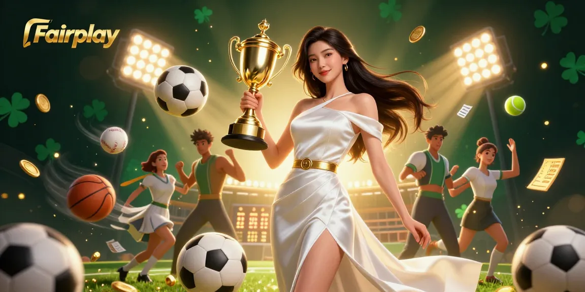 Bet on Fairplay with a victorious Asian woman lifting a trophy amid dynamic sports betting elements.
