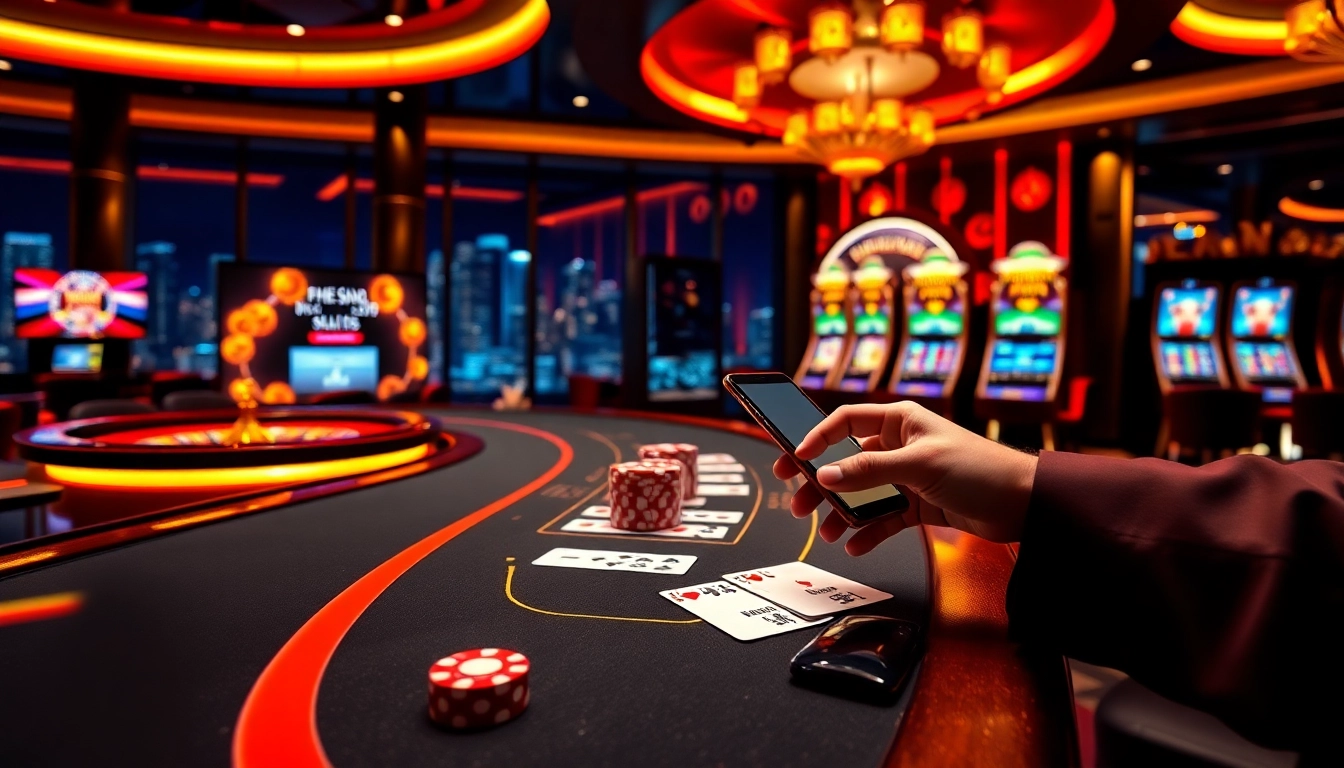 Engaging Nhà cái casino Online player placing strategic bets with vibrant chips and cards
