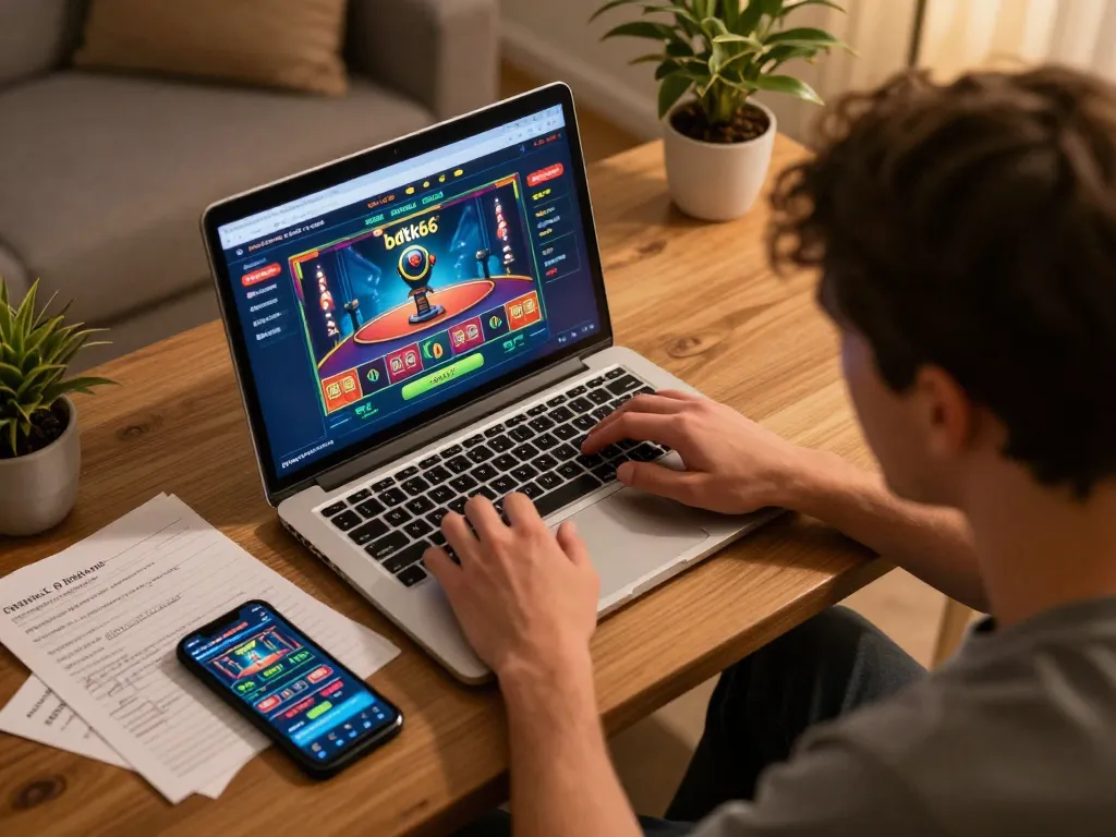 Engaging home setup with a player using bdtk66 online casino app for strategic gaming