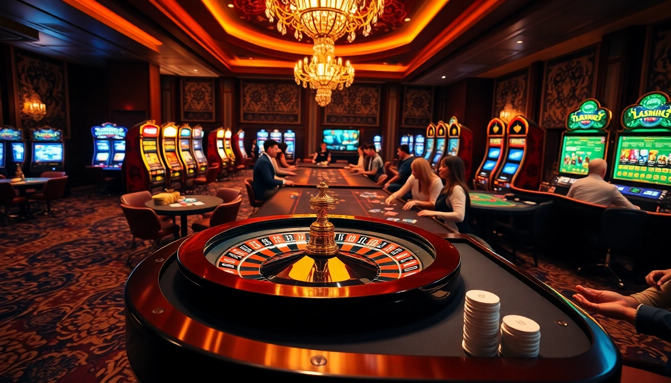 Players enjoying gambling at a stunning casino scene featuring elements from https://f1686s.com/ including poker chips and roulette.