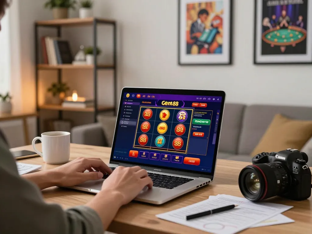 Engage in gem88 trading with a laptop displaying casino games in a stylish home office setting.