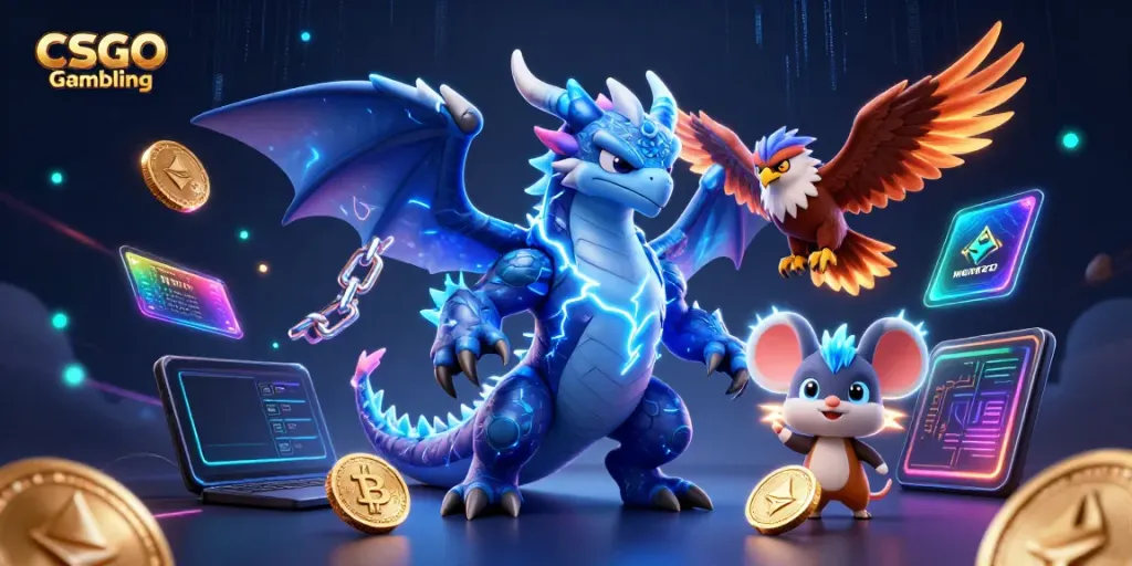 Engage in CSGO Gambling with vibrant 3D characters and dynamic crypto elements.