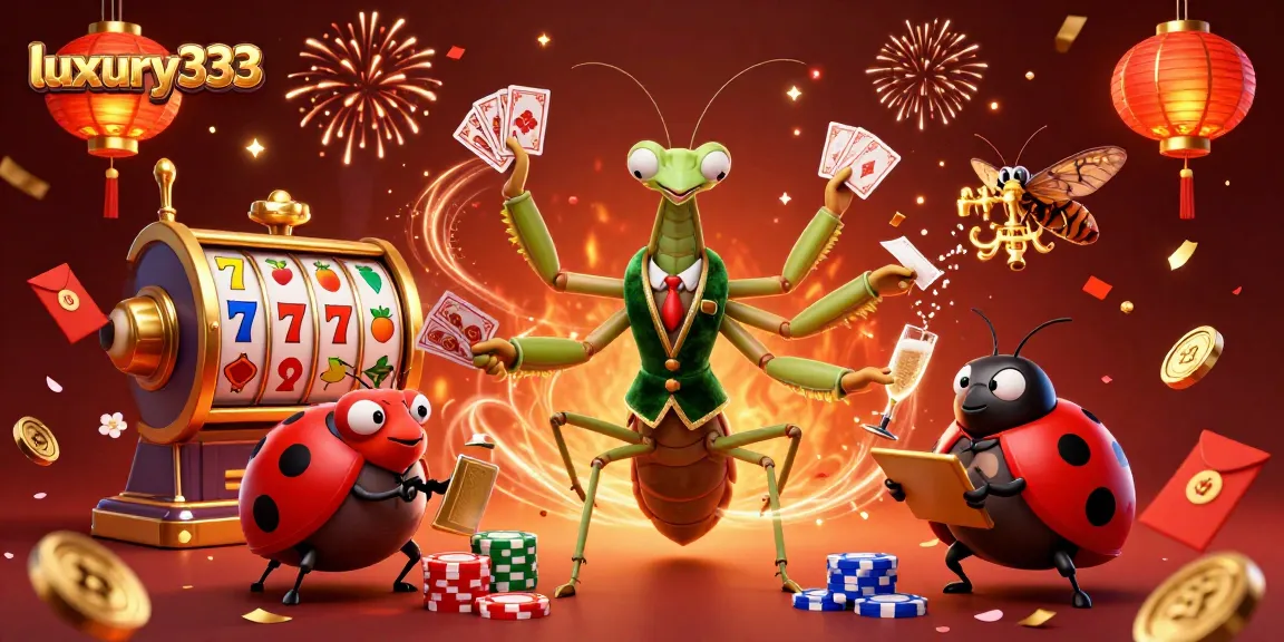 luxury333 menghibur dengan suasana kasino penuh warna, menampilkan karakter kartun 3D dan elemen slot.