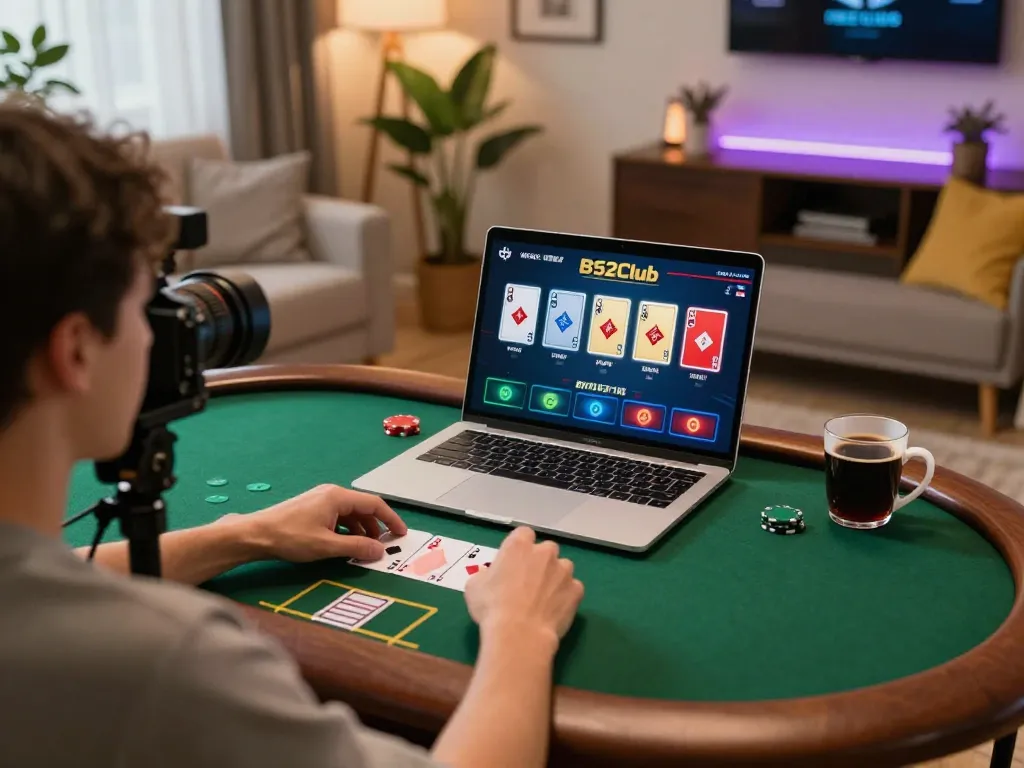 B52Club player engaging in exciting online poker gameplay on a laptop in cozy home setting