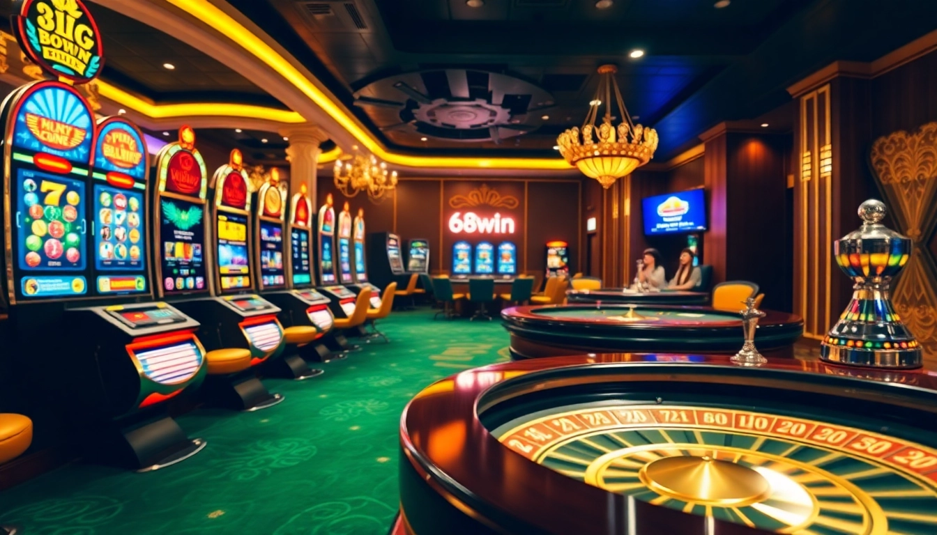 Experience thrilling gameplay at 68win with elegant casino tables and vibrant slot machines.