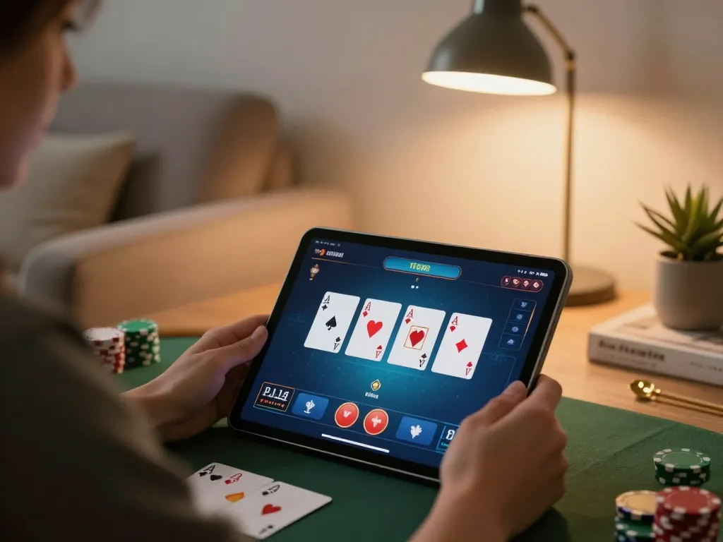Engaged in 99Win poker gameplay on tablet with cozy home setup enhancing responsible online gaming experience