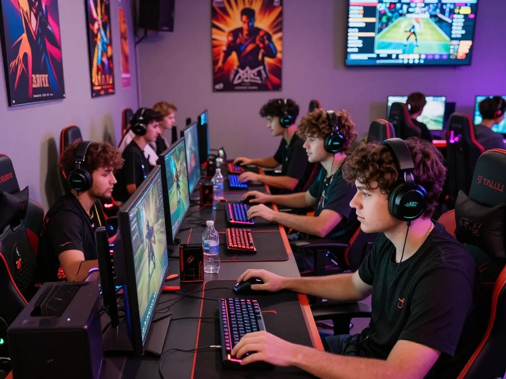 Engaged online gamers at HOKI288 showcasing competitive gameplay and vibrant setups with scoreboards.