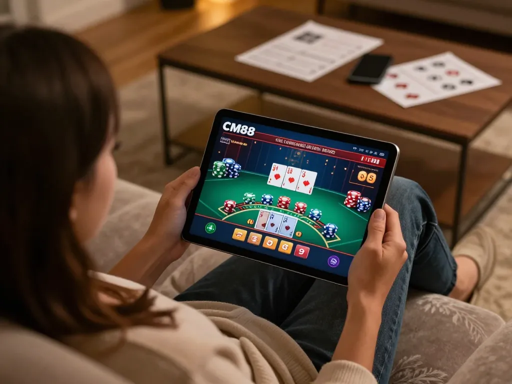 Enjoying CM88 online casino gaming on a tablet in a cozy home setting.