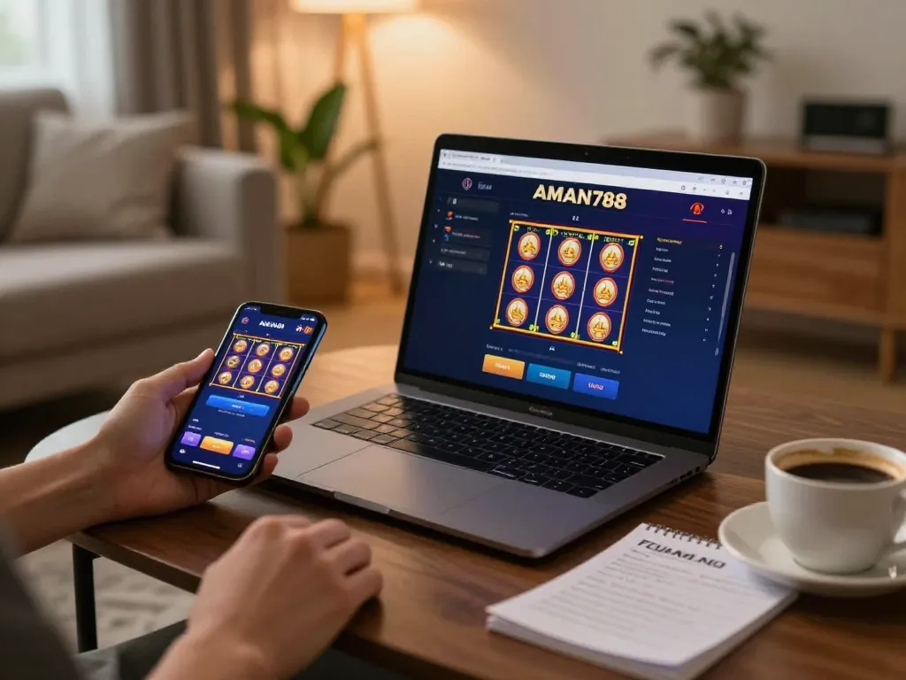 Berinteraksi dengan permainan online AMAN788, menampilkan setup laptop modern dengan catatan taruhan untuk permainan yang bertanggung jawab.