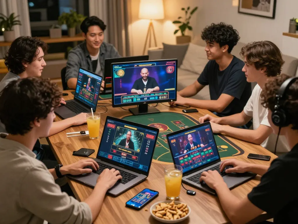 Engaged players enjoying live dealer games on TR88 platform with cozy home setting.