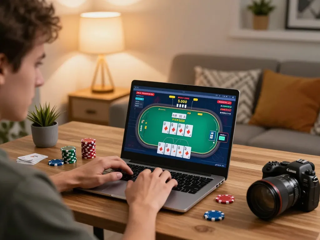 Engaged player using TG88 platform on laptop for strategic online poker gaming