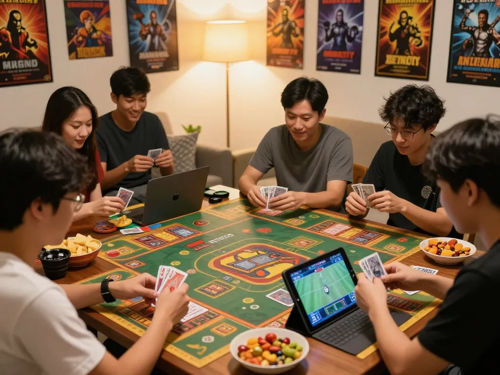 Engaging group playing card games on Nhà Cái Kuwin, showcasing vibrant online gaming atmosphere with players enjoying entertainment.