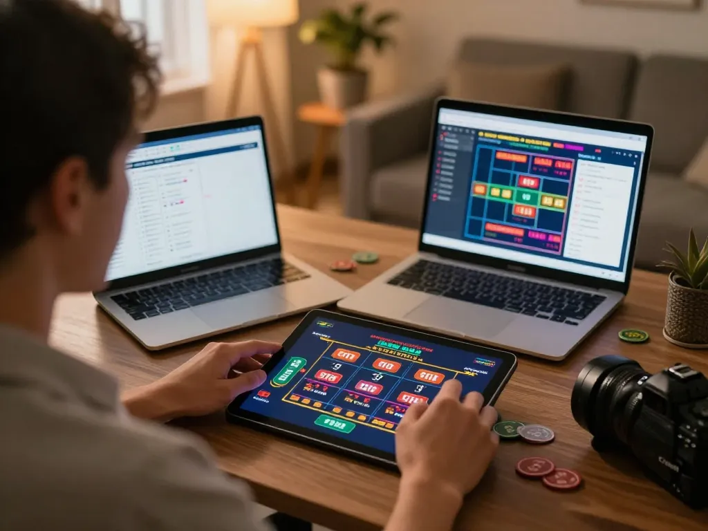 Player enjoying live casino games on their tablet at home with fly88 app interface visible, warm lighting enhances atmosphere.