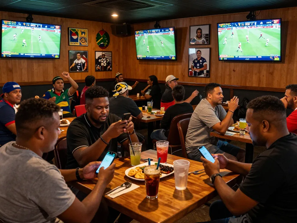 Dynamic sports betting scene showcasing fans in South Africa checking betting apps during a live rugby match.
