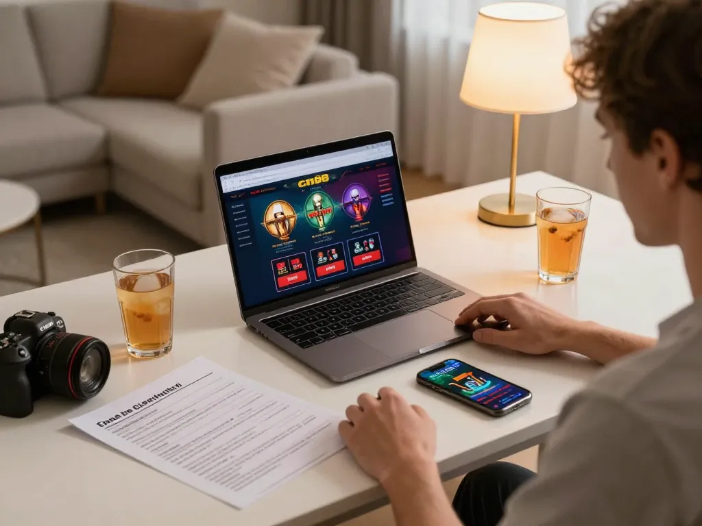 Engaging in cm88 online casino gaming with strategic notes and a modern setup.