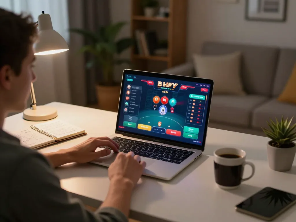 Player immersed in online poker session on mm88 platform, showcasing strategic gameplay in cozy home environment.