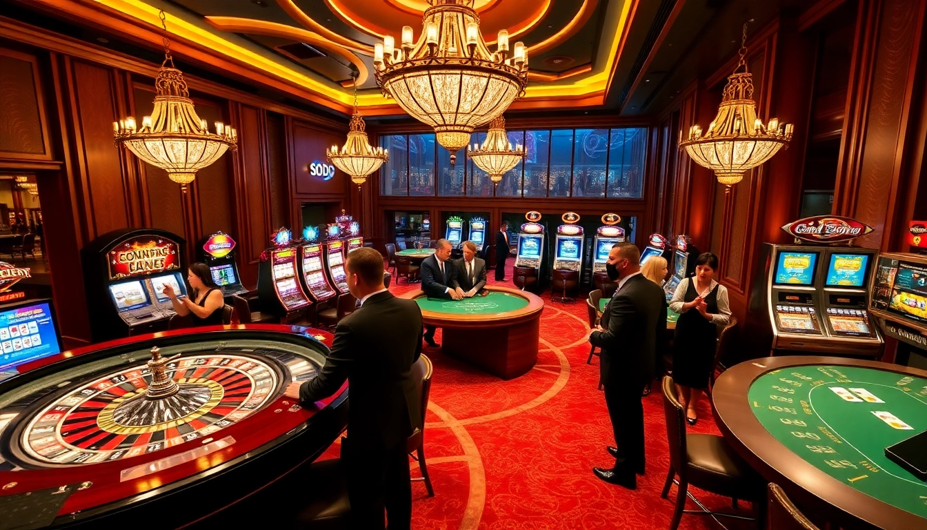 SODO CASINO showcasing an exciting roulette table and vibrant slot machines in a luxurious setting.