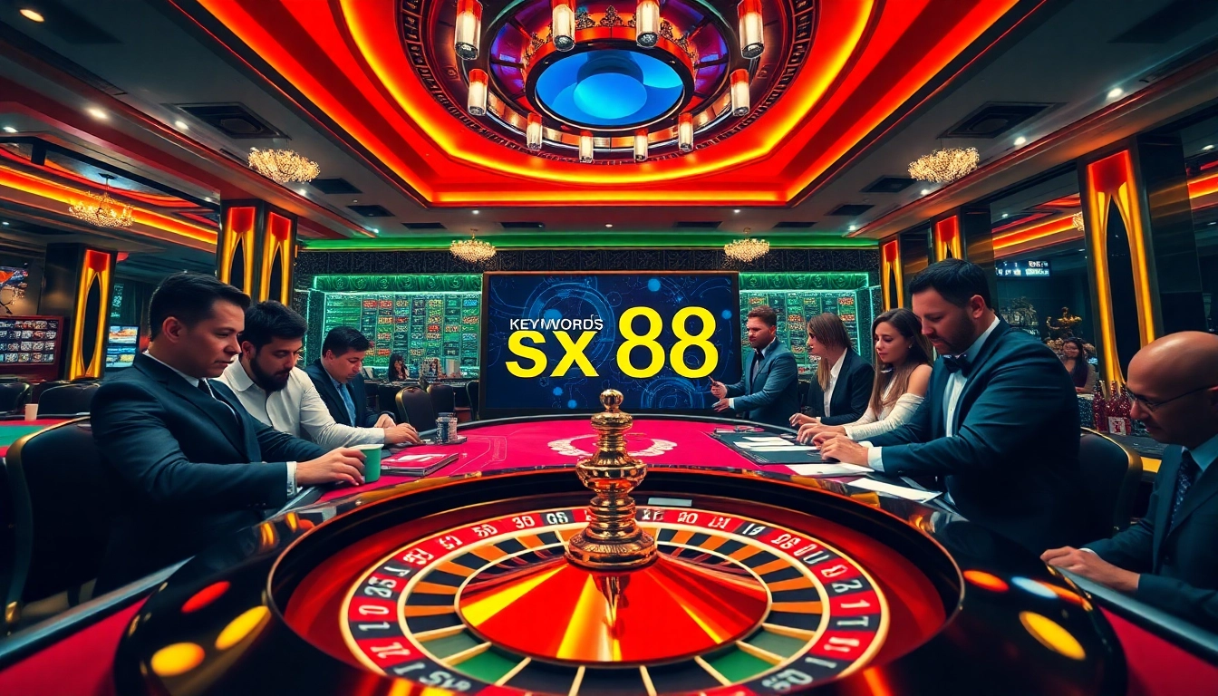 Engaging casino scene featuring a high-stakes game showcasing sx 88 with players, poker chips, and a roulette wheel.