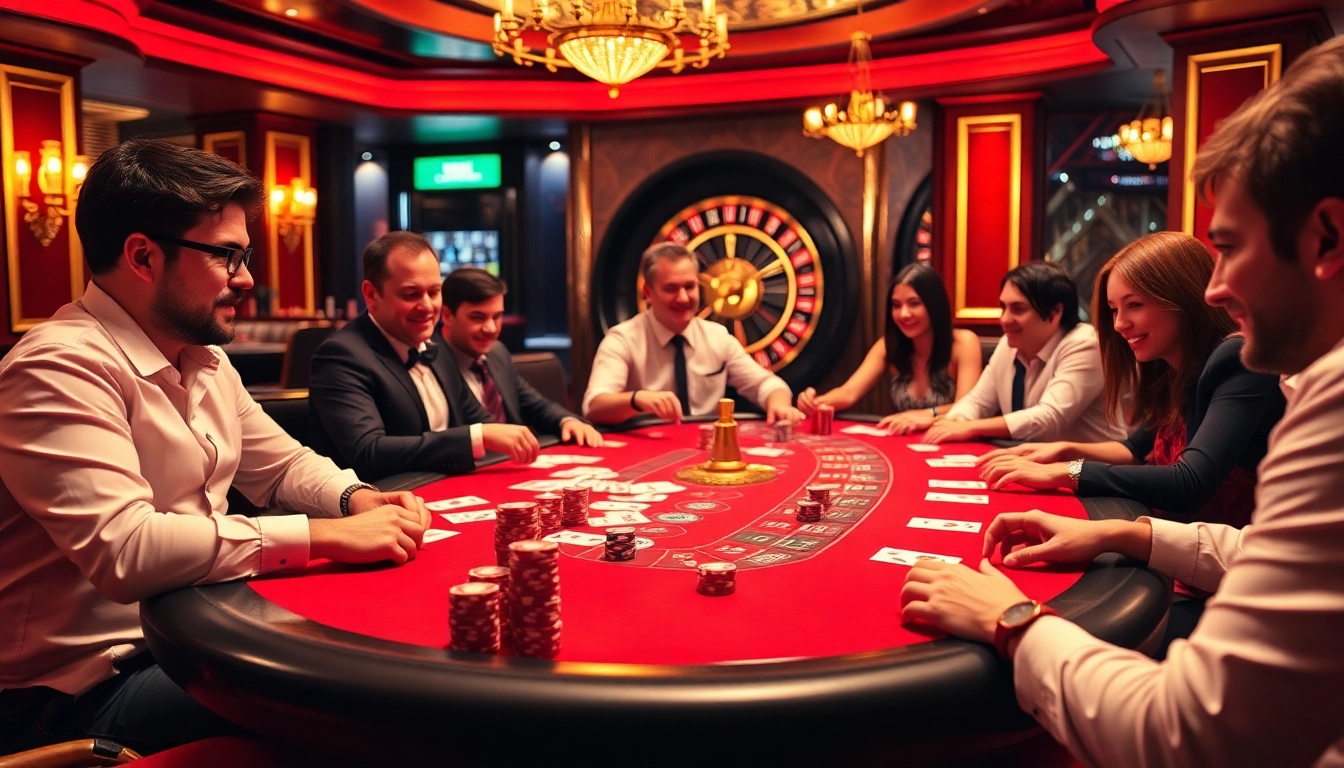 Engage in exciting gaming at mb66-t.com, where poker players enjoy high-stakes action at a luxurious casino table.