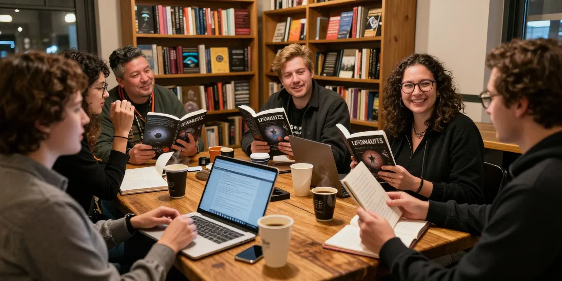 Readers discussing T Allen Greenfield's UFOnauts at https://tallengreenfield.com in a cozy coffee shop setting.